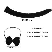 Peluş Siyah Renk Kuyruk ve Papyon Yetişkin Çocuk Uyumlu