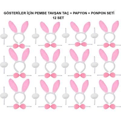 Pembe Tavşan Kostüm Seti ? Taç, Papyon, Ponpon (12?li Paket)
