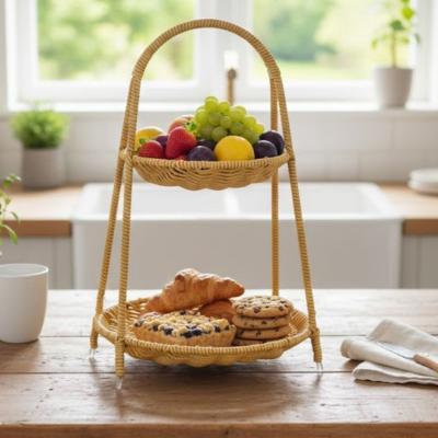 Plastik Rattan İki Katlı Sunumluk–Dekoratif Organizer, Mutfak Meyve,Sebze Sepeti, Banyo Düzenleyici Raf,Masaüstü Çok Amaçlı Sunum Standı