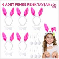 Şeker Pembesi Tavşan Sahne Seti 6'lı Set Taç Papyon Kuyruk
