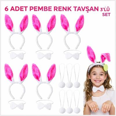 Şeker Pembesi Tavşan Sahne Seti 6'lı Set Taç Papyon Kuyruk