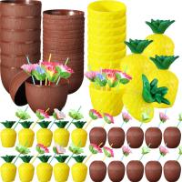 Tropikal Parti Bardak Seti – Ananas ve Hindistan Cevizi Şekilli Pipetli Bardaklar (20 Adet)