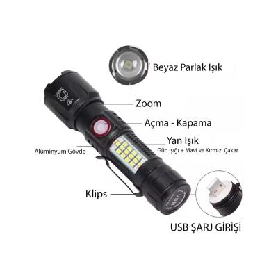 WS-2828 Ultra USB Şarjlı Polis El Feneri, Bekçi, Asker El Feneri Kırmızı Mavi Çakarlı 1000 Lümen