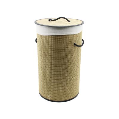 YUVARLAK HASIR - AHŞAP KİRLİ ÇAMAŞIR SEPETİ 37X60CM SEYYAR KAPAKLI İÇİ BEZLİ İP KULPLU