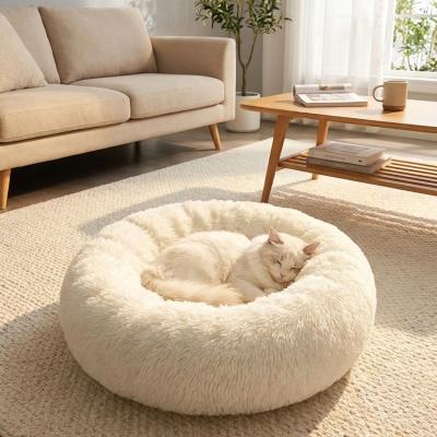 Yuvarlak Ultra Yumuşak Welsoft Peluş Kedi ve Köpek Yatağı ? Kaymaz Taban Tüylü Pet Pufu,Uyku Minderi (krem)