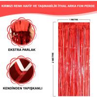 Kırmızı Renk Ekstra Metalize Parlak Saçaklı Arka Fon Perde İthal A Kalite 1x2 Metre