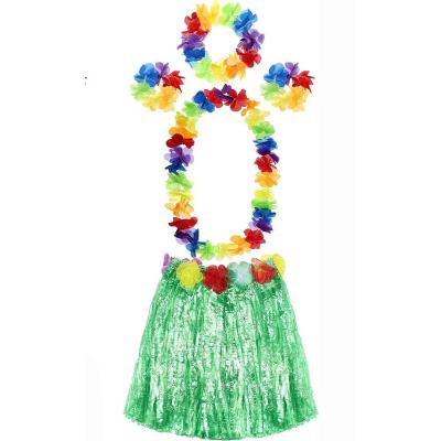 Yetişkin ve Çocuk Uyumlu Luau Aloha Hawaii Yeşil Etek ve Renkli Kolye Taç 2 Adet Bileklik Seti