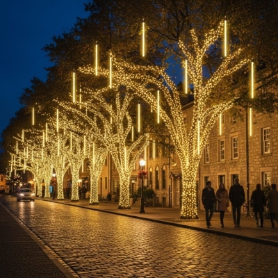 10'lu 45 cm Plastik Meteor LED USB 2M Kablo Sarı Renk Ağaç Işığı – Renk Değiştiren Asmalı Dekoratif Bahçe ve Dış Mekan Aydınlatması