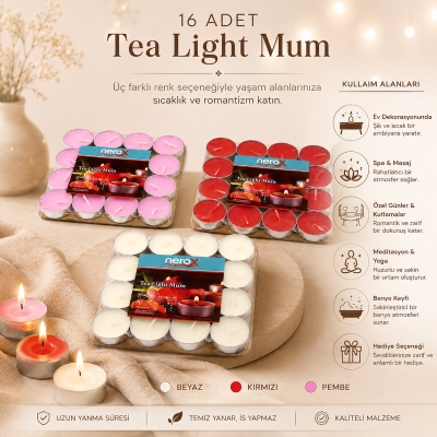 16 PARÇA  KIRMIZI TEA LİGHT YUVARLAK MUM