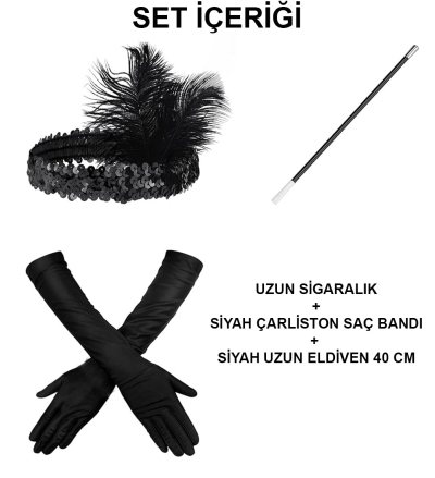 1920'ler Gatsby Aksesuar Seti – Siyah Charleston Saç Bandı, Uzun Eldiven &amp;amp; Sigaralık