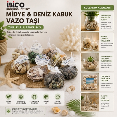 20 ADET FİLELİ RENKLİ MİX EKO MİDYE - DENİZ KABUK VAZO TAŞI