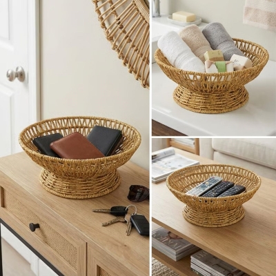 25 cm Plastik Rattan Servis Çanağı – Doğal Hasır Görünümlü Dekoratif Meyve, Ekmek ve Sunum Kasesi