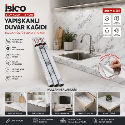 2MT X 60CM BEYAZ MERMER DESENLİ TEZGAH ÜSTÜ FOLYO STİCKER - DUVAR KAĞIT KENDİNDEN YAPIŞKANLI - EKO DEKORASYON - DAYANIKLI