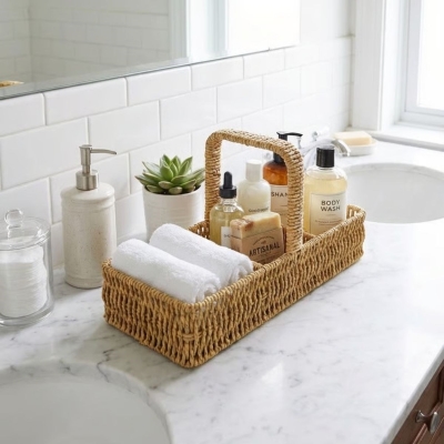 3 Bölmeli Plastik Rattan Düzenleyici–Saplı Masaüstü Organizer, Mutfak Kaşık Çatal Sepeti, Banyo &amp; Ofis Çok Amaçlı Sunum Standı