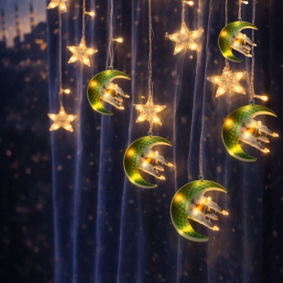 3MT FİŞLİ - EKLEMELİ RAMAZAN DEKOR LAMBA - PERDE LED YEŞİL HİLAL CAMİ - YILDIZ EKL-09-02