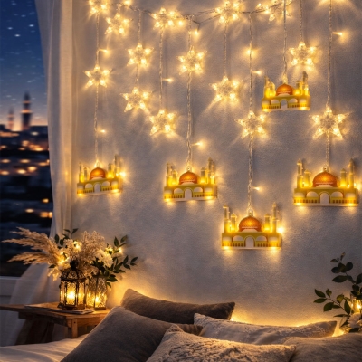 3MT FİŞLİ - EKLEMELİ RAMAZAN DEKOR LAMBA - PERDE LED SARI CAMİ - YILDIZ EKL-09-03