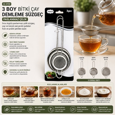 3PCS SET MİNİ= 5-7-8CM TEL SÜZGEÇ METAL ÇERÇECE METAL SAP=8.5-10.5-10.5CM