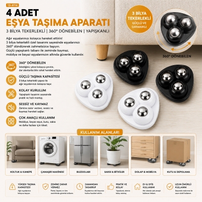 4PCS 3 BİLYA TEKERLEKLİ POŞETLİ MOBİLYA EŞYA TAŞIMA APARATI 360°