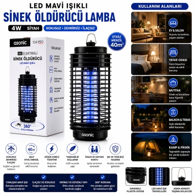 4W - SİYAH KOKUSUZ TAŞINABİLİR LED MAVİ IŞIKLI SİNEK ÖLDÜRÜCÜ S24 PRO