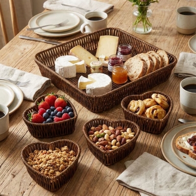 5 Parça,4 Kalp Formlu Plastik Rattan Sunum ve Kahvaltı Seti-Bölmeli Çerezlik ve Meyvelik-Doğal Hasır Görünümlü Tepsi ve Sunum Tabakları