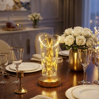 Açık Silindirik Kristal Altın Toz Model LED Masa Lambası – Gold Tabanlı, Dokunmatik, 3 Renk Işık Modlu, Şarjlı Modern Dekoratif Gece Lambası