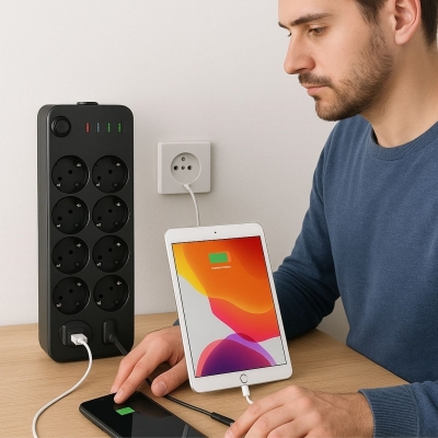 Akım Korumalı Termal Uzatma Kablosu – 10 Priz, 2 USB ve 2 Type-C Girişli, Güçlü Çoklu Priz