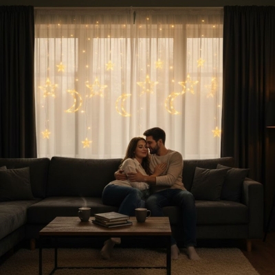 Ay ve Yıldız Figürlü Kumandalı 12 Sarkıtlı 120 LED Dekor Işık – Dekoratif Ortam ve Masaüstü Aydınlatması