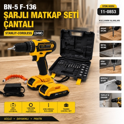 BANCO BN-5 F-136 STANLIY SARI 24W PROFESSIONAL ŞARJLI DARBELİ MATKAP SETİ ÇANTALI
