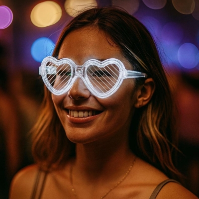 Beyaz LED Işıklı Kalp Gözlük – 3 Modlu Parti - Glow Gözlüğü