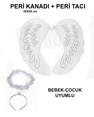 Beyaz Otrişli Dantel Tüllü Peri Kanadı ve Peri Tacı Seti 45x40 cm