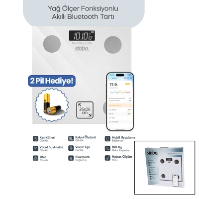 BEYAZ YAĞ ÖLÇER AKILLI BLUETOOTH CAM BASKÜL PİLLİ 180KG/50GR 26X26CM 8-KİŞİ HAFIZA LCD EKRAN ℃ GÖSTERGE SBS-4472