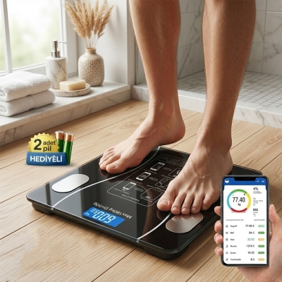 BLUETOOTH - VÜCUT ANALİZLİ DİJİTAL BASKÜL TERAZİ TARTI 180KG/50G YAĞ -SU -KAS ORAN -BMI