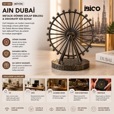 BÜYÜK AIN DUBAİ METALİK DÖNME DOLAP BİBLOSU - DEKORATİF SÜS EŞYASI KROM - BAKIR