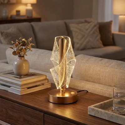 Çapraz Kavisli Ters Kristal Simli LED Masa Lambası – Gold Gövdeli, Dokunmatik, 3 Kademe Işık Ayarlı Şarjlı Dekoratif Lamba
