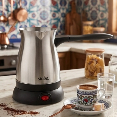ÇELİK ELEKTRİKLİ CEZVE TÜRK KAHVE MAKİNESİ - 6FİNCAN=500ML 360° KABLOSUZ KULLANIM KATLANIR KULP SCM-9038