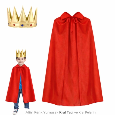 Çocuk Boy Kral Pelerini 90 cm ve Yumuşak Eva Kral Tacı Altın Renk