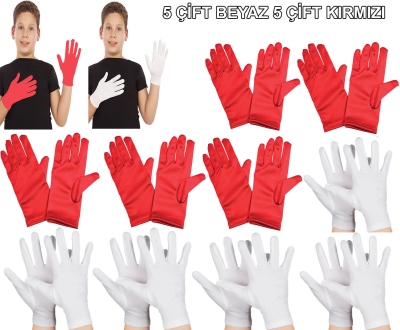 Çocuk Gösteri Eldiven Seti – 5 Çift Beyaz &amp;amp; 5 Çift Kırmızı