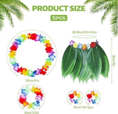 Çocuk Hawaii Kostüm Seti - Yaprak Etek &amp;amp; Hawaii Set - 5 Parça