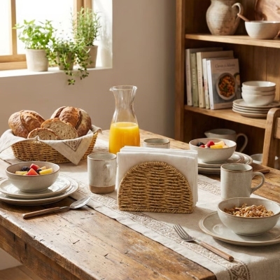 Dekoratif Plastik Rattan Yarım Yuvarlak Peçetelik–Doğal Hasır Dokulu Masaüstü Peçete Standı