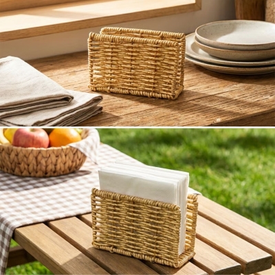 Dekoratif Plastik Rattan Dikdörtgen Peçetelik–Doğal Hasır Dokulu Masaüstü Peçete Standı