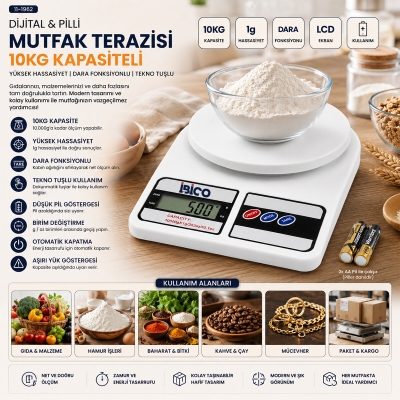 DİJİTAL - PİLLİ MUTFAK TERAZİSİ TARTI 10KG / 1GR