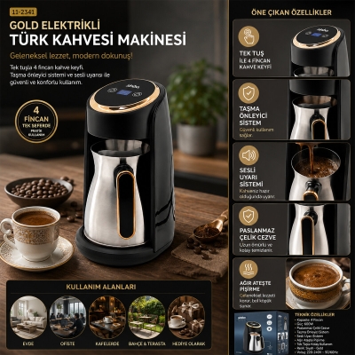GOLD ELEKTRİKLİ TÜRK KAHVESİ MAKİNESİ 4 FİNCAN SESLİ UYARI - TAŞMA ÖNLEYİCİ SİSTEM SCM-2984