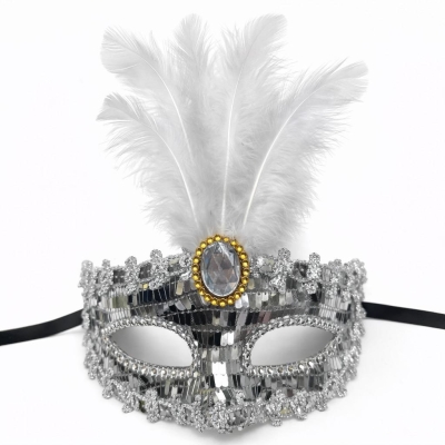 Gümüş Renk Payetli Pullu Tüylü Parti Maskesi 17x20 cm