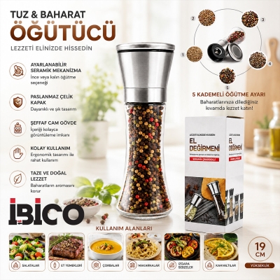 HAND GRINDER BÜYÜK CAM HAZNELİ - KROM KAPLAMA PLS.KAPAKLI TUZ - BAHARAT ÖĞÜTÜCÜ