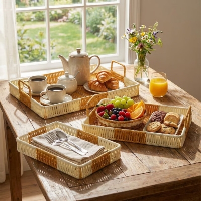 İç İçe Geçebilen 3’lü Dikdörtgen Plastik Rattan Tepsi Seti–Çift Renkli Hasır Görünümlü Çok Amaçlı Servis ve Sunum Tepsileri