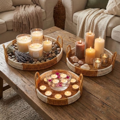 İç İçe Geçebilen 3’lü Yuvarlak Plastik Rattan Tepsi Seti–Çift Renkli Hasır Görünümlü Çok Amaçlı Servis ve Sunum Tepsileri