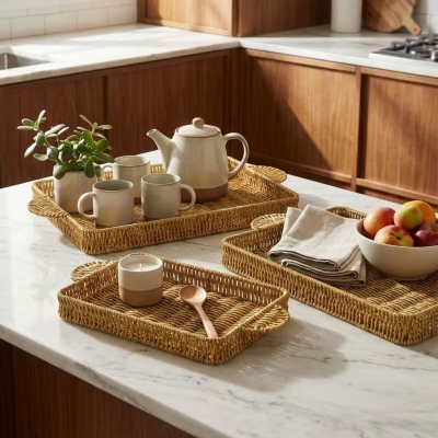 İç İçe Geçebilen 3’lü Dikdörtgen Plastik Rattan Tepsi Seti–Hasır Görünümlü Çok Amaçlı Servis ve Sunum Tepsileri