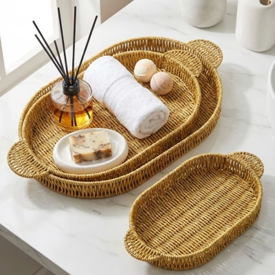 İç İçe Geçebilen 3’lü Oval Plastik Rattan Tepsi Seti–Hasır Görünümlü Çok Amaçlı Servis ve Sunum Tepsileri