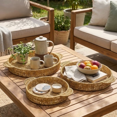 İç İçe Geçebilen 3’lü Yuvarlak Plastik Rattan Tepsi Seti–Hasır Görünümlü Çok Amaçlı Servis ve Sunum Tepsileri