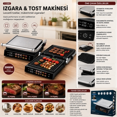 IZGARA VE TOST MAKİNES İ 4 DİLİM YAPIŞMAZ YÜZEY DOKUNMATİK DİJİTAL EKRAN - 2000W SSM-2597